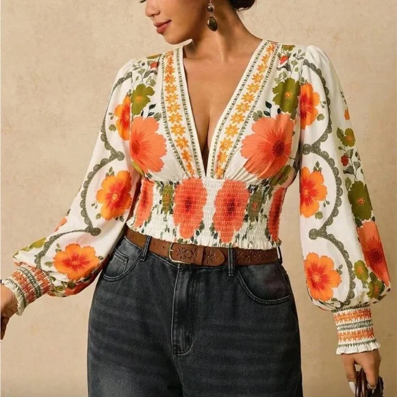 Plus Size Romantic Bohemian Floral Print Long Sleeve Tie Front Blouse Shirt - Picture 5 of 14